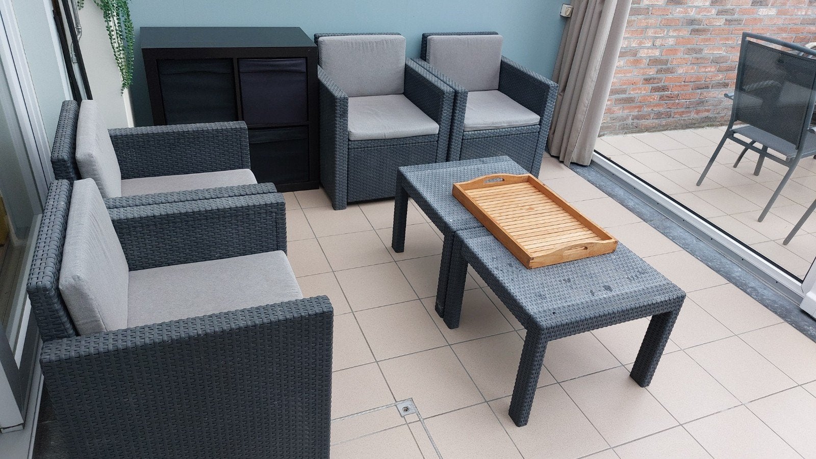 Loungeset 4 zetels en tafel, Tuin en Terras, Ophalen, 4 zitplaatsen, Kunststof, Gebruikt