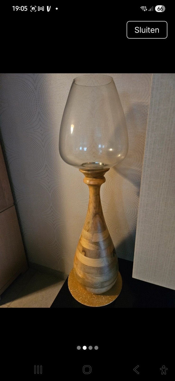 mooie, grote kandelaar; glas en hout., Ophalen, Glas, Kaars, 104 cm