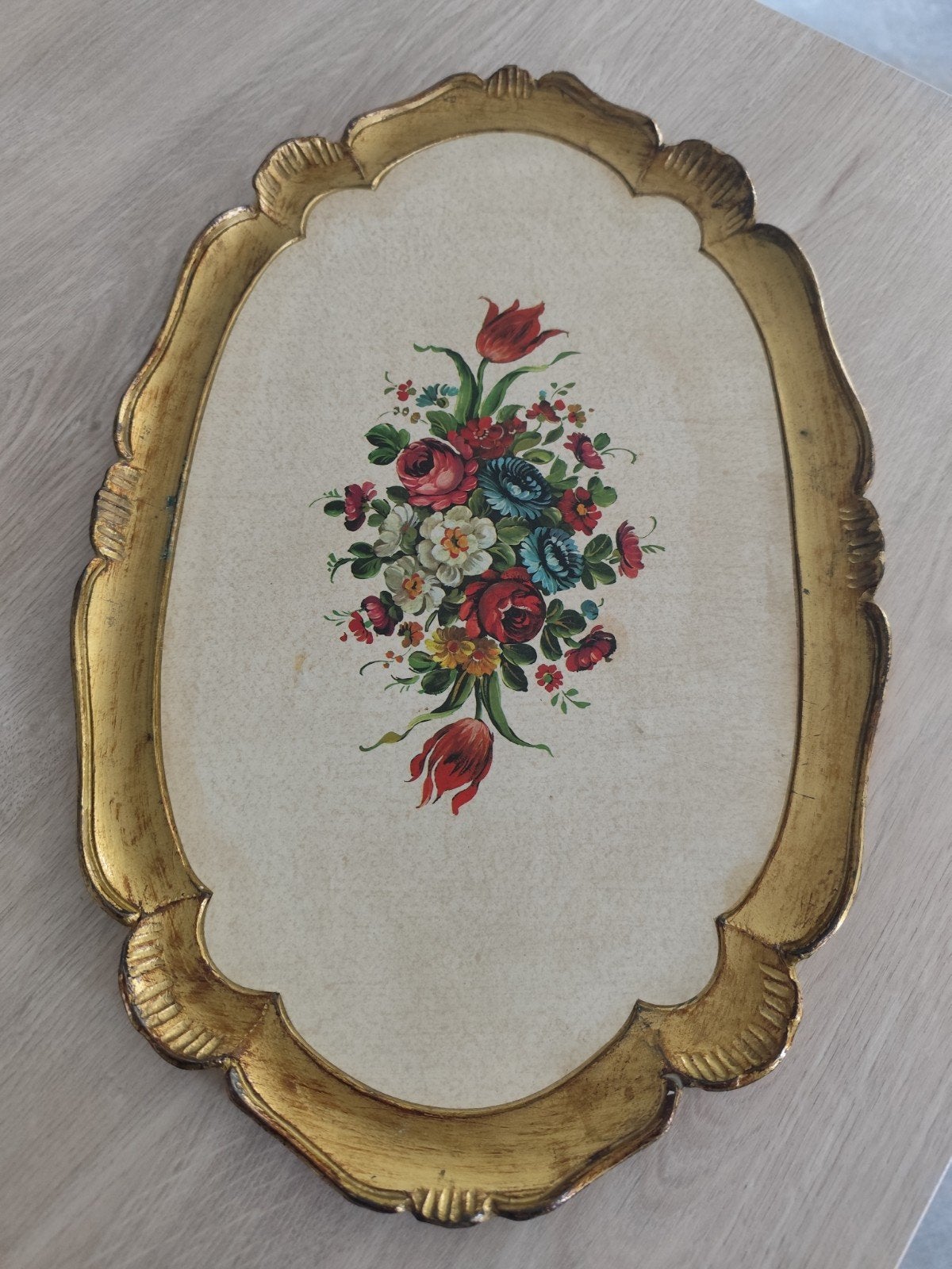 Ancien Plateau Florentin en Bois Doré et Fleurs, Antiquités & Art, Enlèvement ou Envoi