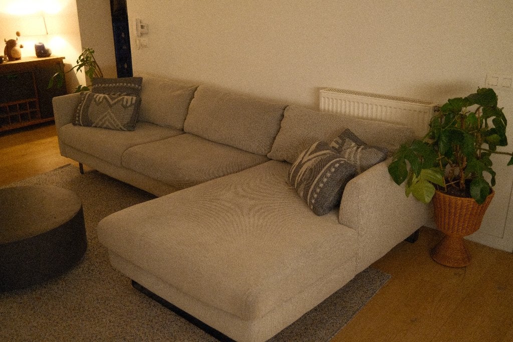 Hoekbank 4x6 SOFA X1 met chaise longue, beige + kussens, Modern, Comfortabel, Quatre personnes ou plus, Enlèvement, Utilisé