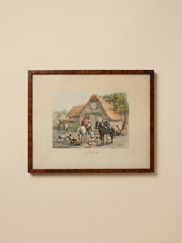 Gravure anglaise ancienne – Scène de chasse - cadre bois, 40 cm, 50 cm, Avec passe-partout, Gravure