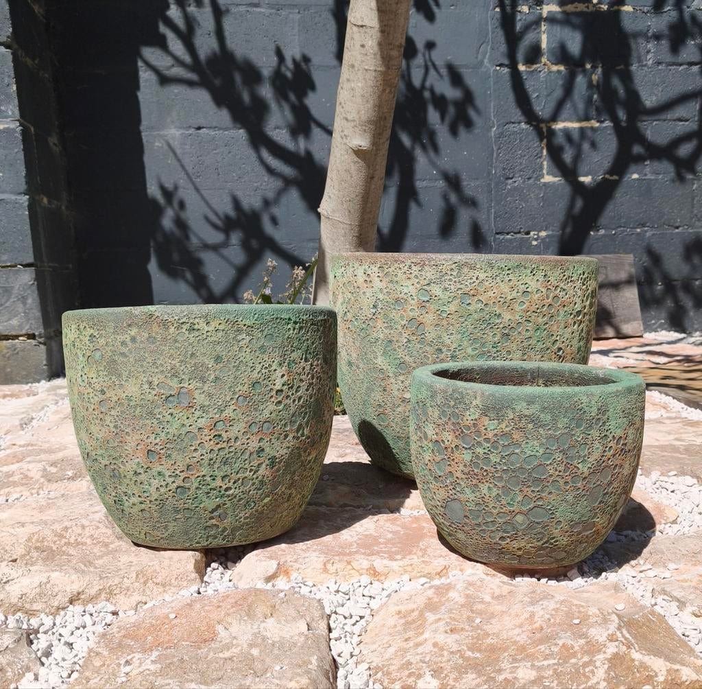 Splinternieuwe terracotta bloempotten – Antique Green set(3), Jardin & Terrasse, Pots de fleurs, Enlèvement, Neuf, Terracotta