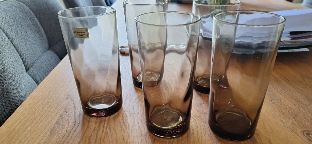 5 Luminarc bruine rookglazen, Antiek en Kunst, Antiek | Glaswerk en Kristal, Ophalen
