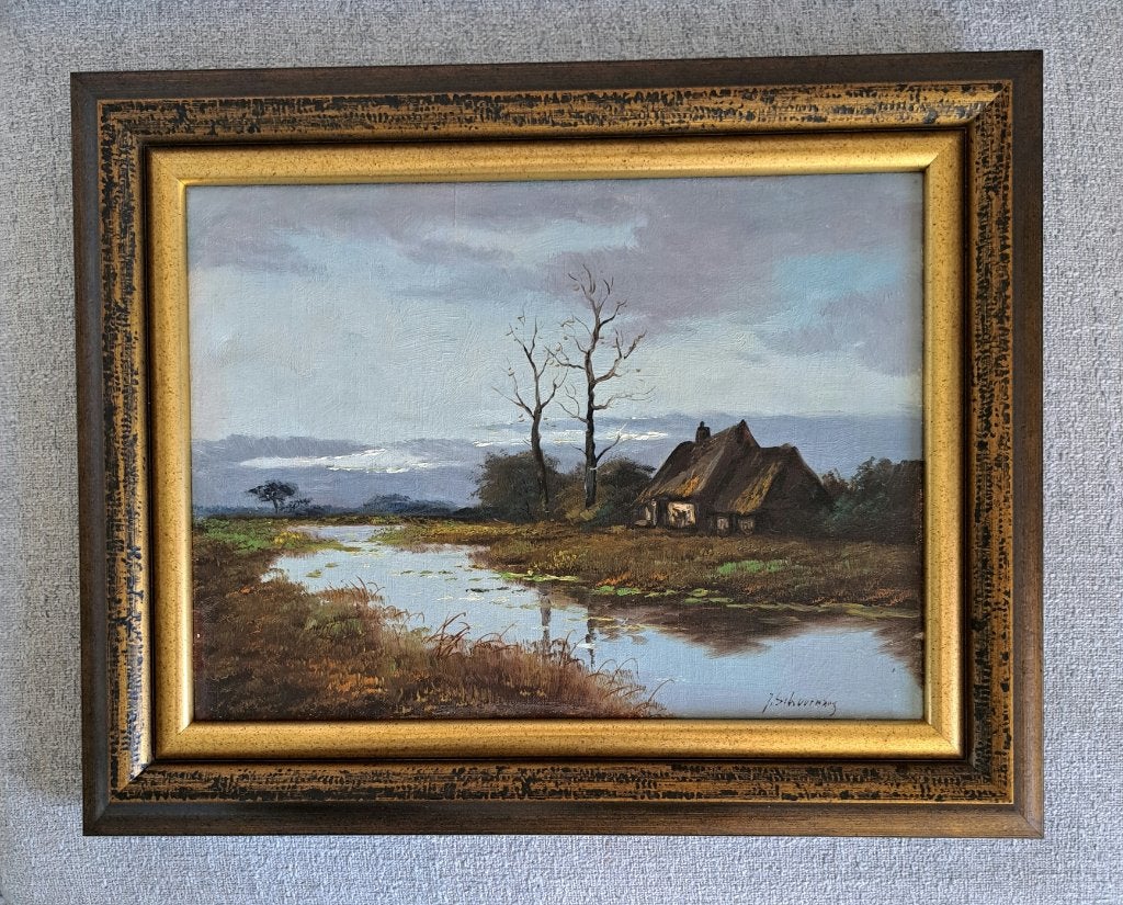 Paysage hollandais avec ferme—Huile sur toile—Signé, Enlèvement ou Envoi, Peinture à l'huile, Paysage, Encadré
