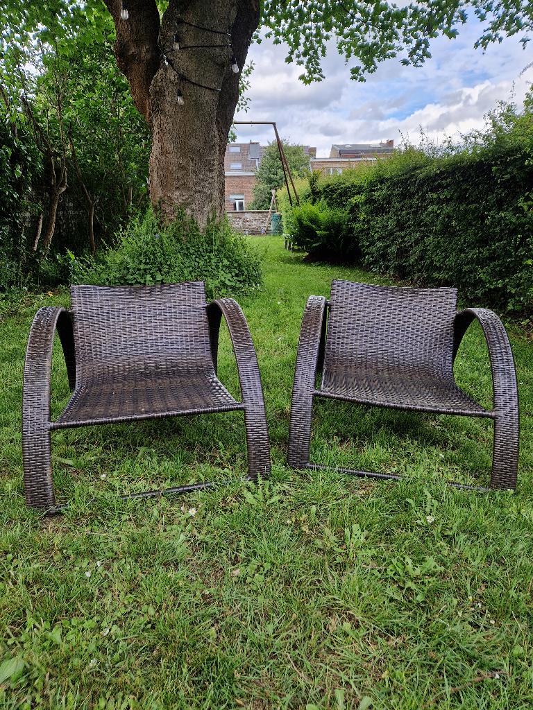 Fauteuils de jardin en résine tressée + coussins, Tuin en Terras, Tuinmeubel-accessoires, Ophalen, Gebruikt