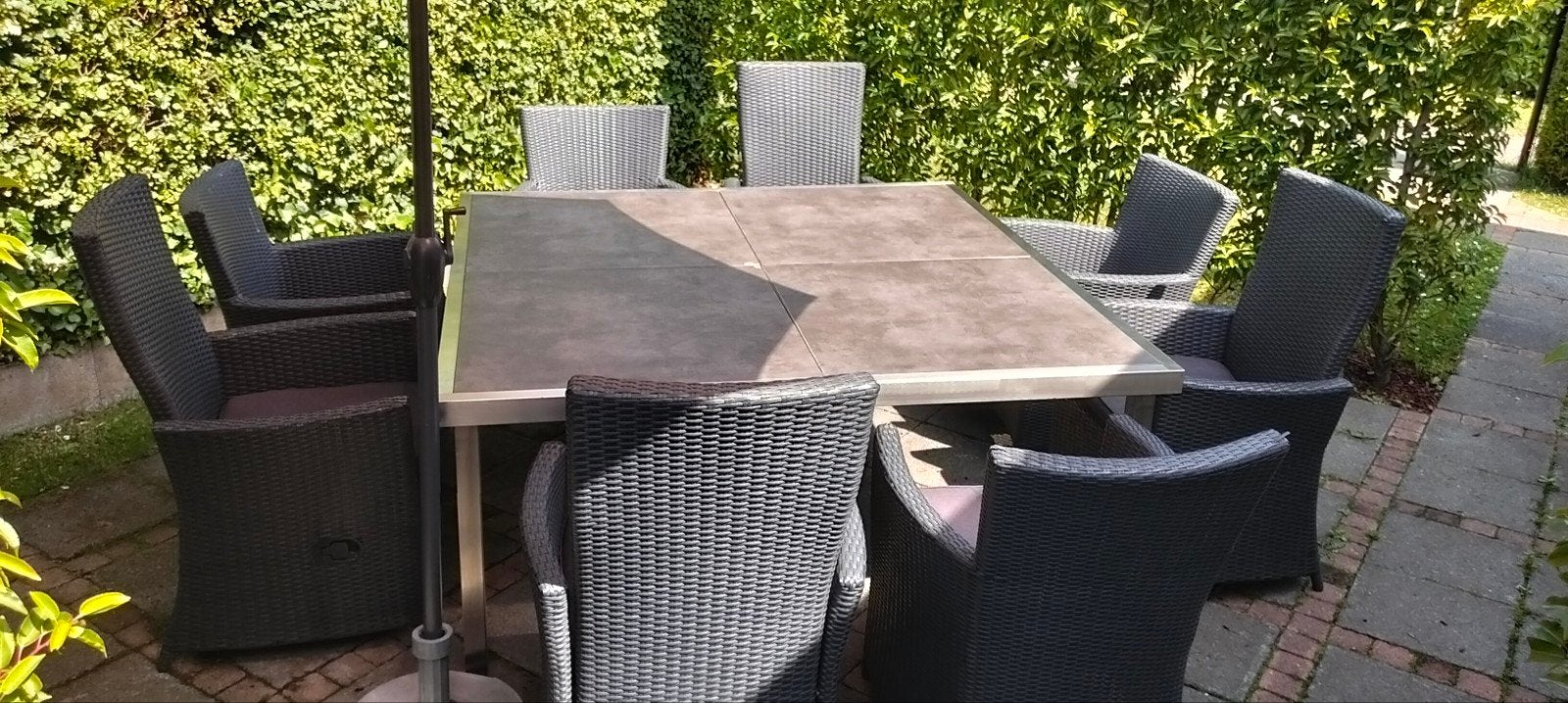 terrasset tafel 168 x 168 + 8 stoelen + 8 kussens, Tuin en Terras, Ophalen of Verzenden, Inox