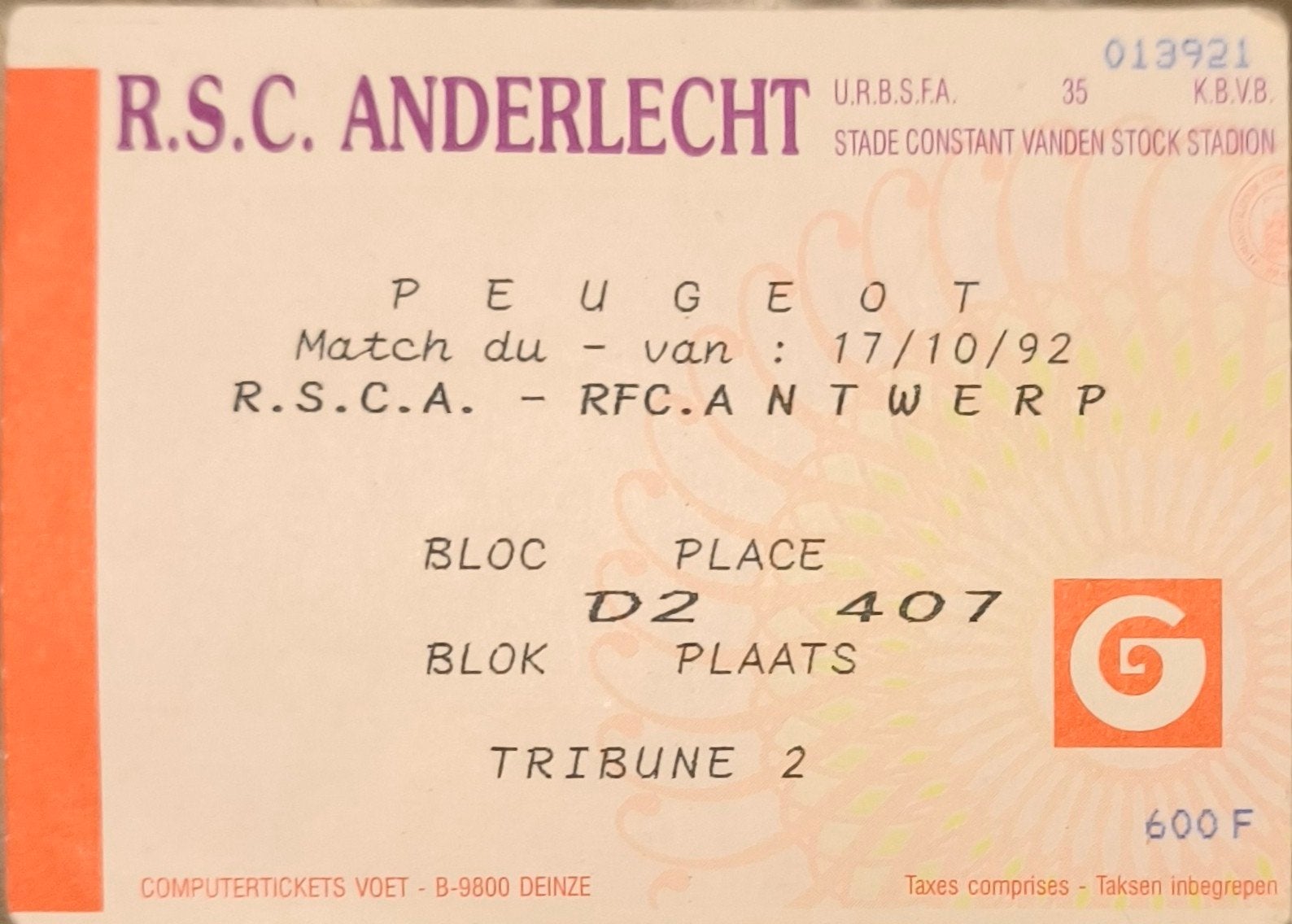 ticket 1992 Anderlecht Antwerp, Ophalen of Verzenden