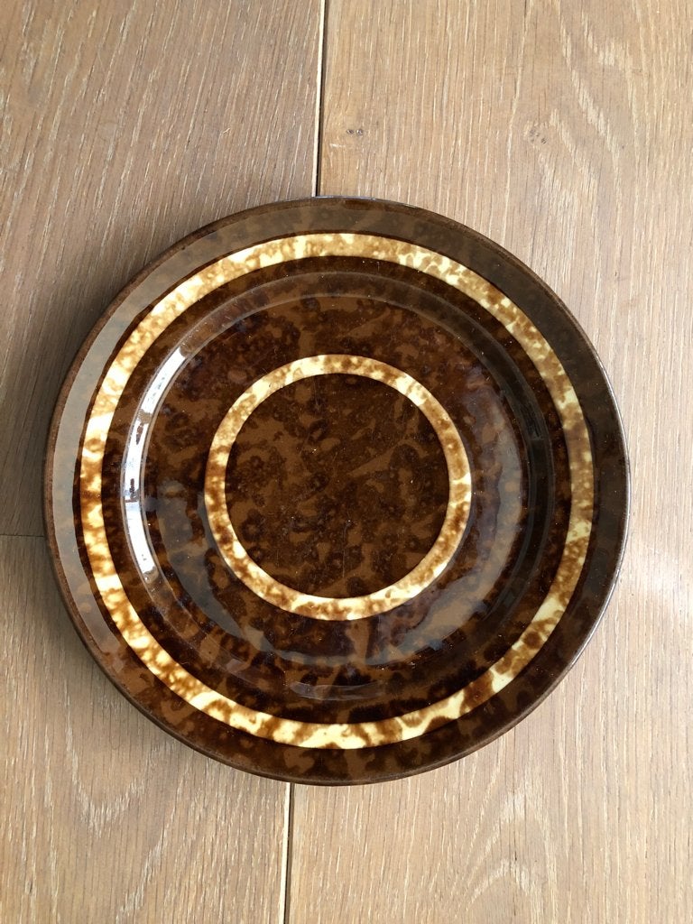 Vintage 8 bruine dessertborden met gele cirkels, Antiek en Kunst, Ophalen