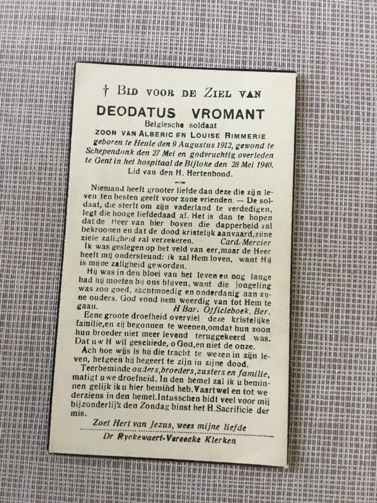 Soldaat D.Vroman Heule gesneuveld Schipdonk Gent 1940, Verzamelen, Ophalen of Verzenden, Bidprentje