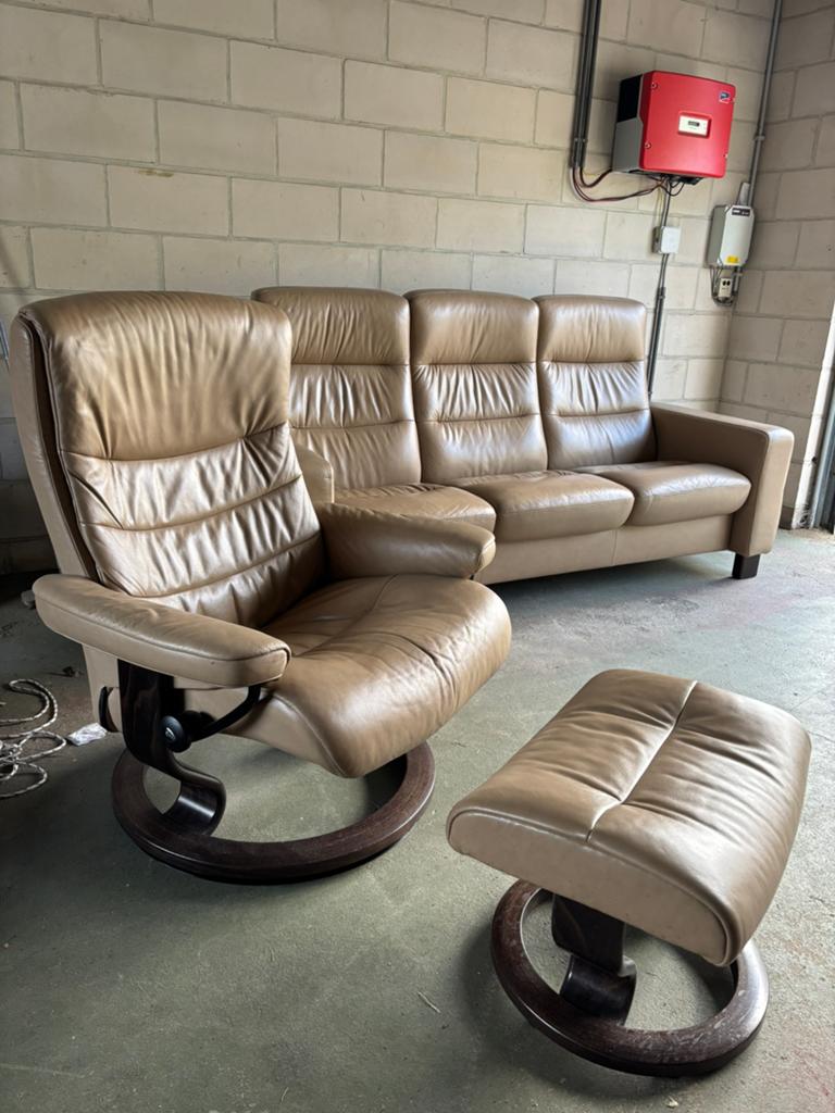 STRESSLES WAVE HIGHBACK 3ZIT MET RELAXFAUTEUIL - LEDER!, Ophalen of Verzenden, Zo goed als nieuw, Leer, Relax fauteuil bank relaxfauteuil relaxzetel relaxstoel zetel