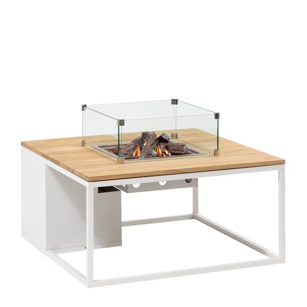 Cosiloft lounge vuurtafel 100 cm wit - teak top, Ophalen, Zo goed als nieuw
