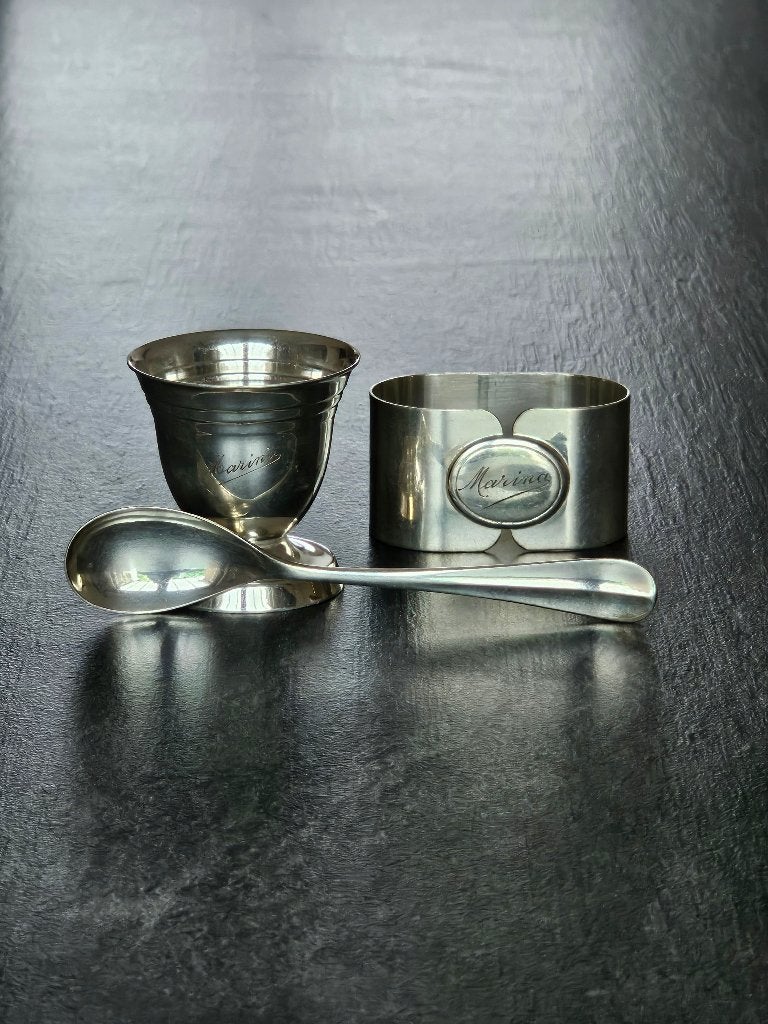 Verzilverd Baby / Doopsel Set (Eierdop, Lepel & Servetring), Ophalen of Verzenden
