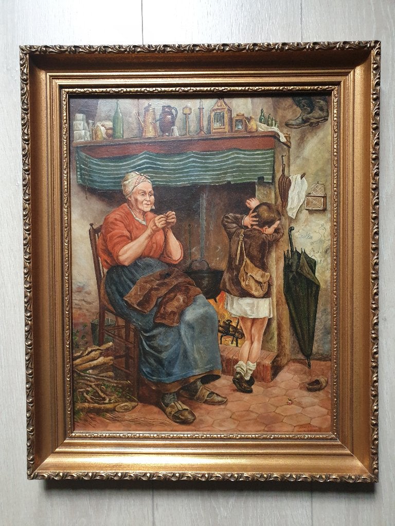Schilderij op paneel oude vrouw met met kind J.Van Campen, Antiek en Kunst, Ophalen, Paneel, Portret of Personen, Olieverf