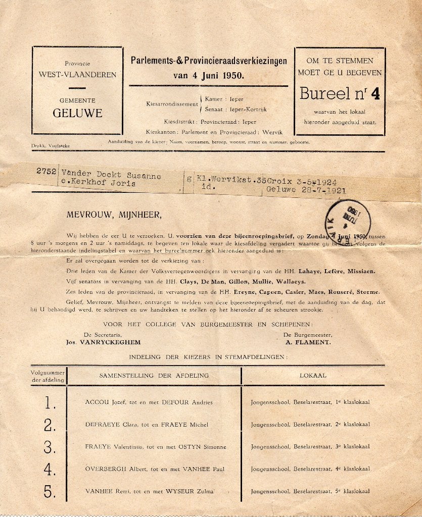 Geluwe Wervik kiesbrief 1950 parlement provincie politiek, Ophalen