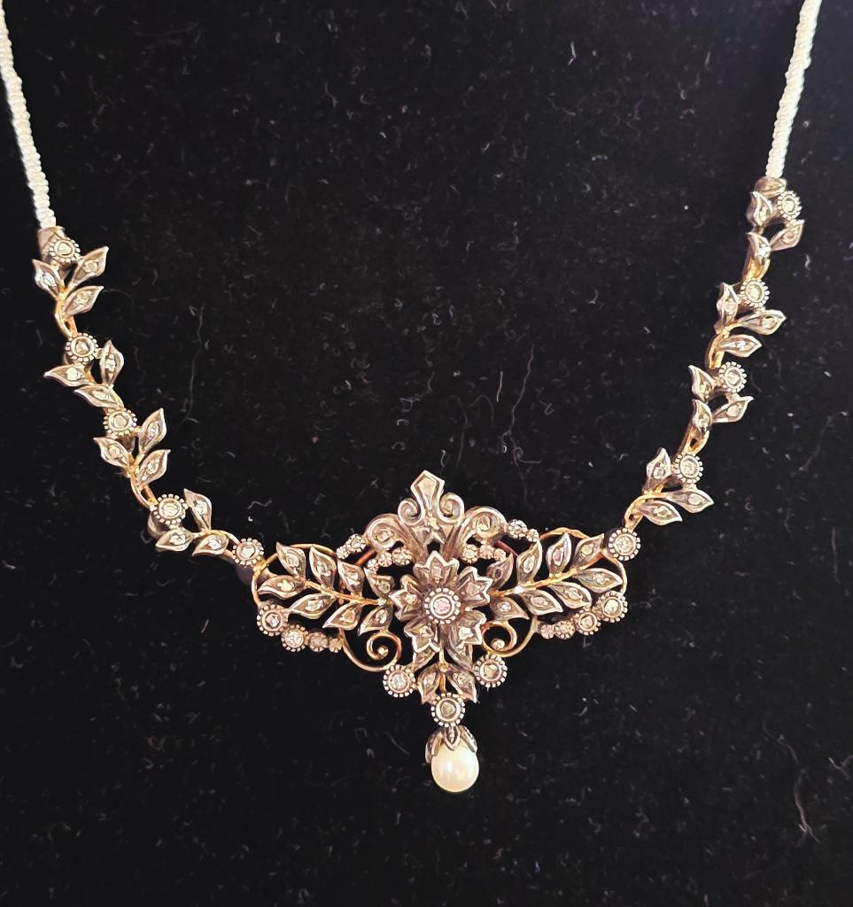 Antieke collier met fijne parels,diamanten, England 1830, Handtassen en Accessoires, Ophalen of Verzenden, Goud, Ketting, Met edelsteen