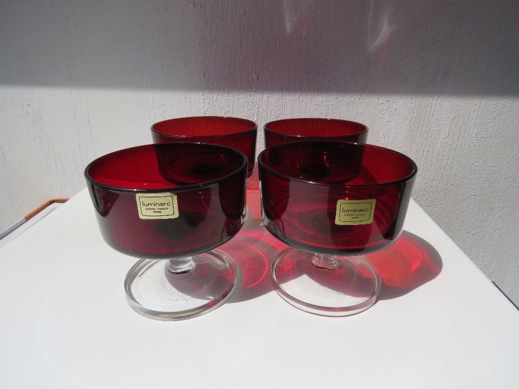 Luminarc set 4 rode dessertbowls Cavalier jaren 60-70, Ophalen of Verzenden
