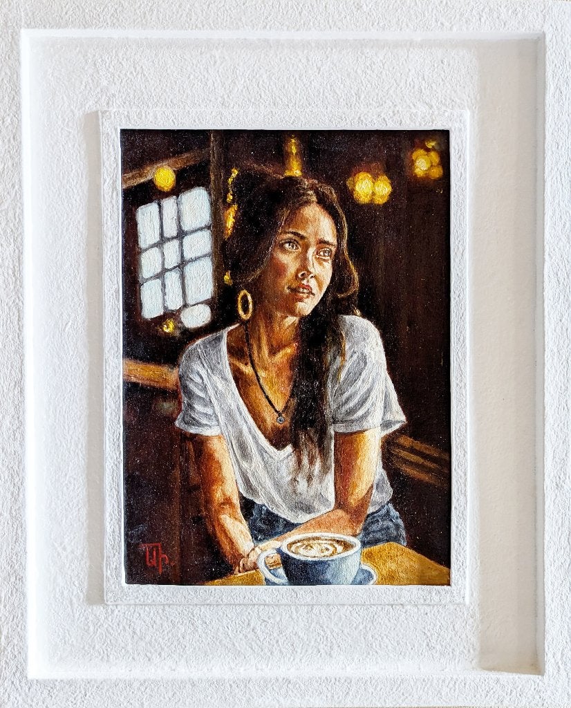 « Au café le plus proche », Textile, Peinture à l'huile, Portrait, Passe-partout