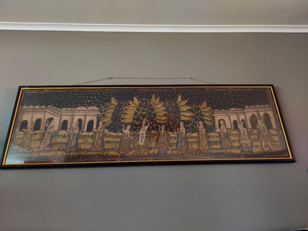 Groot antiek Indisch Thanka schilderij 49 x 152, Ophalen, Gouache, Doek, Portret of Personen