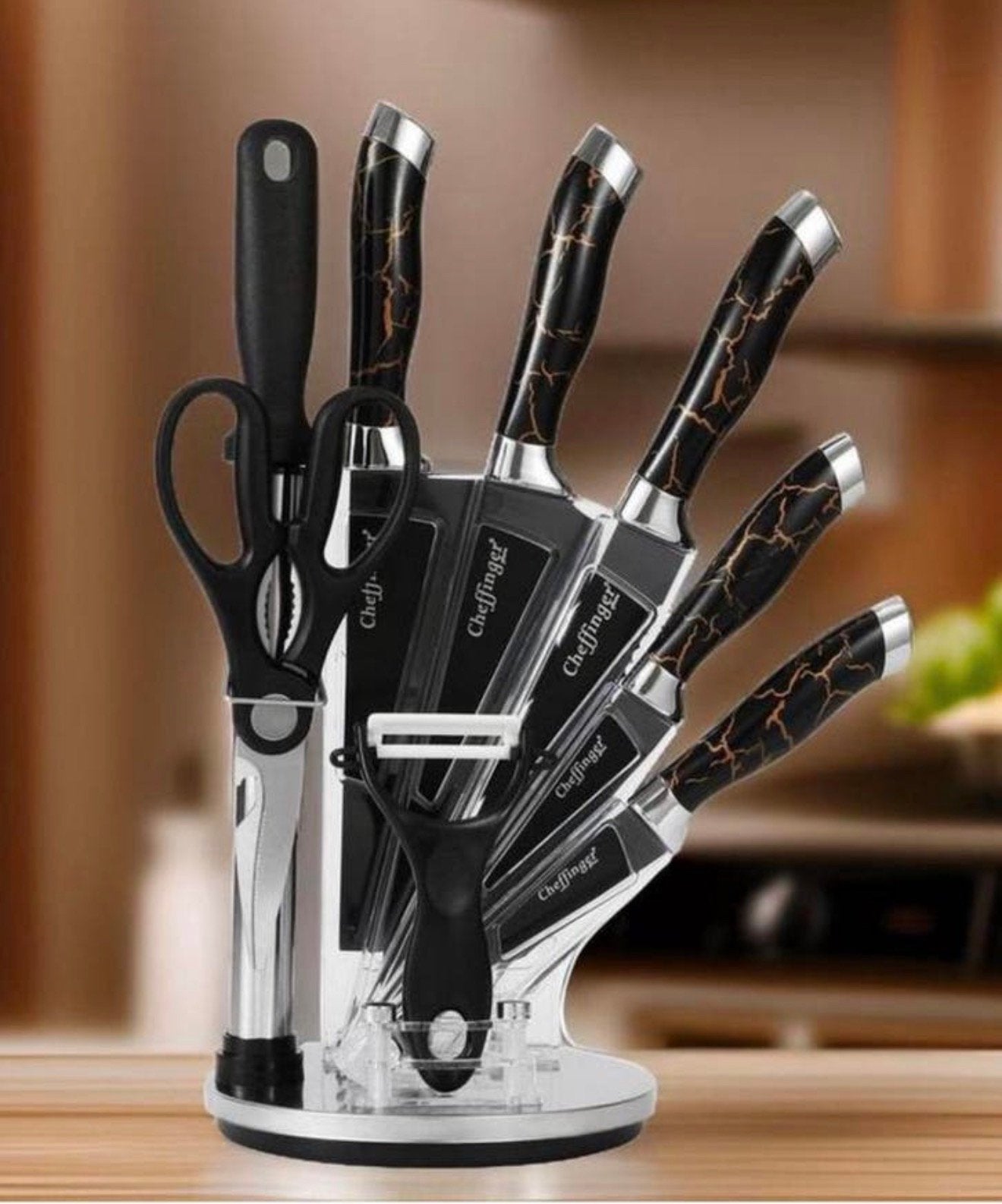 Ensemble de couteaux Cheffinger + base, 9 pièces, marbre, Maison & Meubles, Cuisine | Couverts, Neuf, Inox ou Chrome, Enlèvement ou Envoi