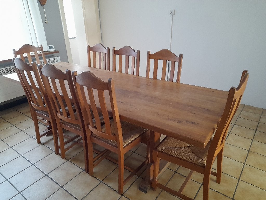 eiken tafel + stoelen, Ophalen, Gebruikt, Eikenhout, 200 cm of meer