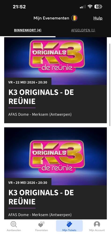 4 tickets K3 originals (2 voor 22/05 en 2 voor 29/05), Tickets en Kaartjes, Twee personen