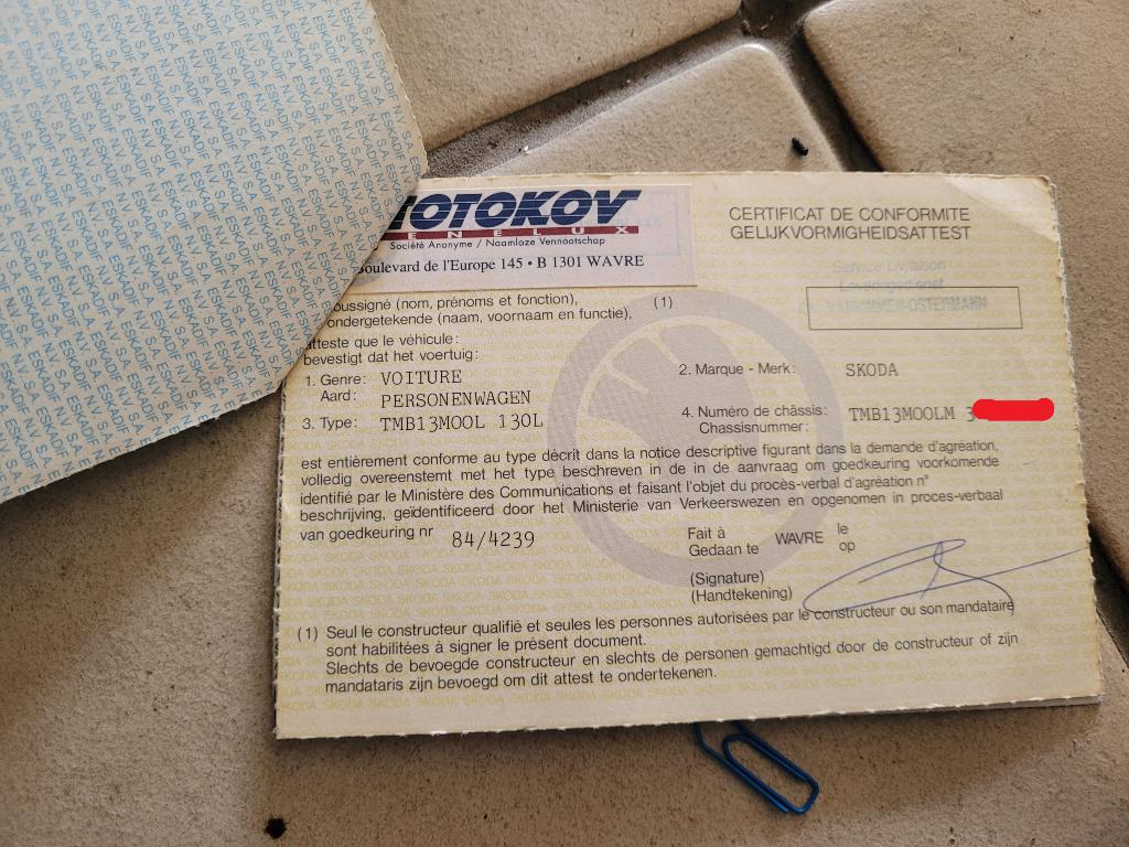 MOTOKOV Originel SKODA130L conformiteitscertificaat Ancestor, Ophalen of Verzenden