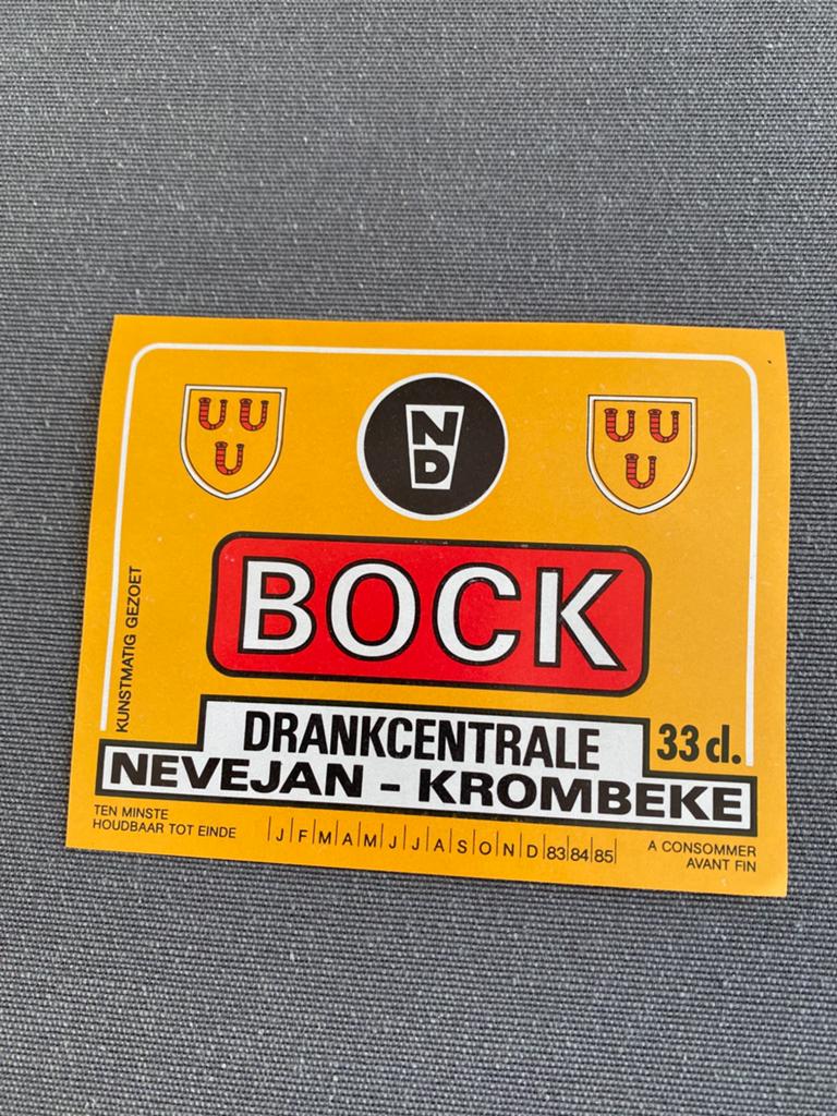 Oud bier etiket BOCK drankencentrale NEVEJAN te KROMBEKE, Ophalen of Verzenden, Zo goed als nieuw