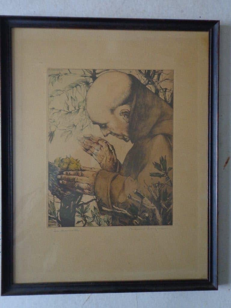 ets in kleur Maurice Langaskens "La trouvaille", Antiek en Kunst, Ets, Flora en Fauna, 1900 - 1949, Ingelijst