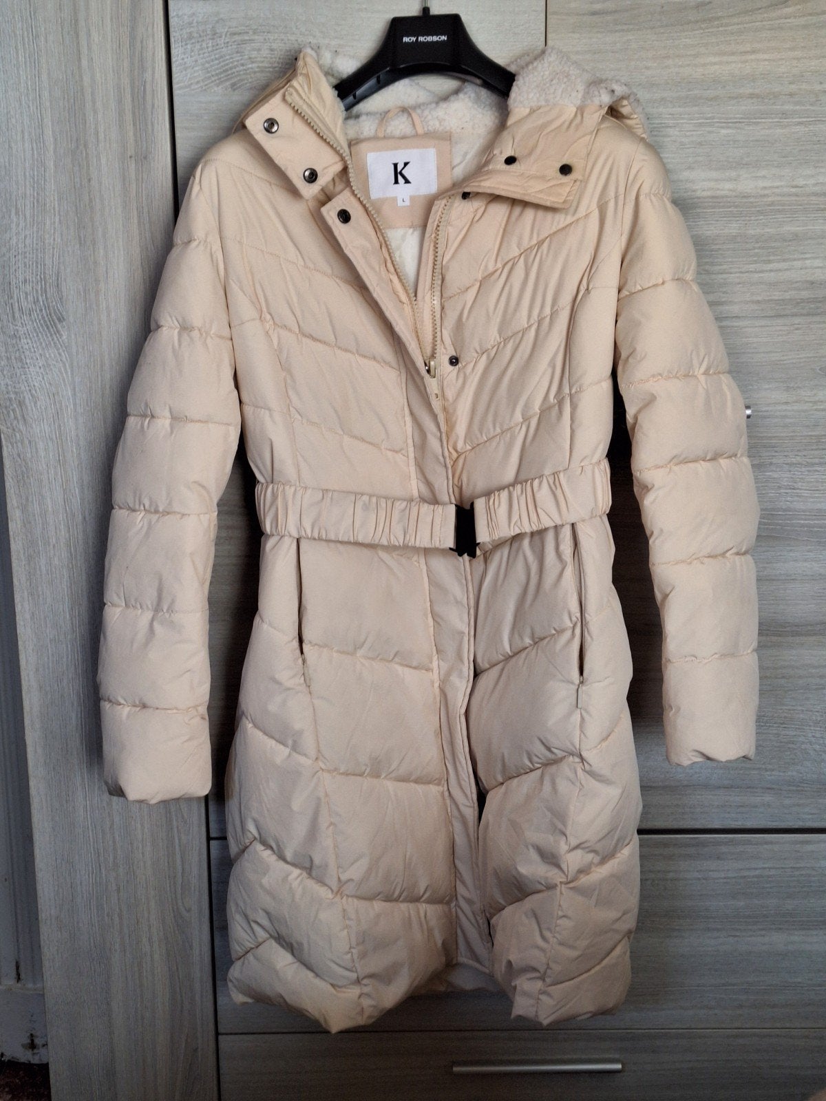 lange winterjas met kap maat lange merk k eenmaal gedragen, Ophalen, Beige, Maat 42/44 (L), Nieuw