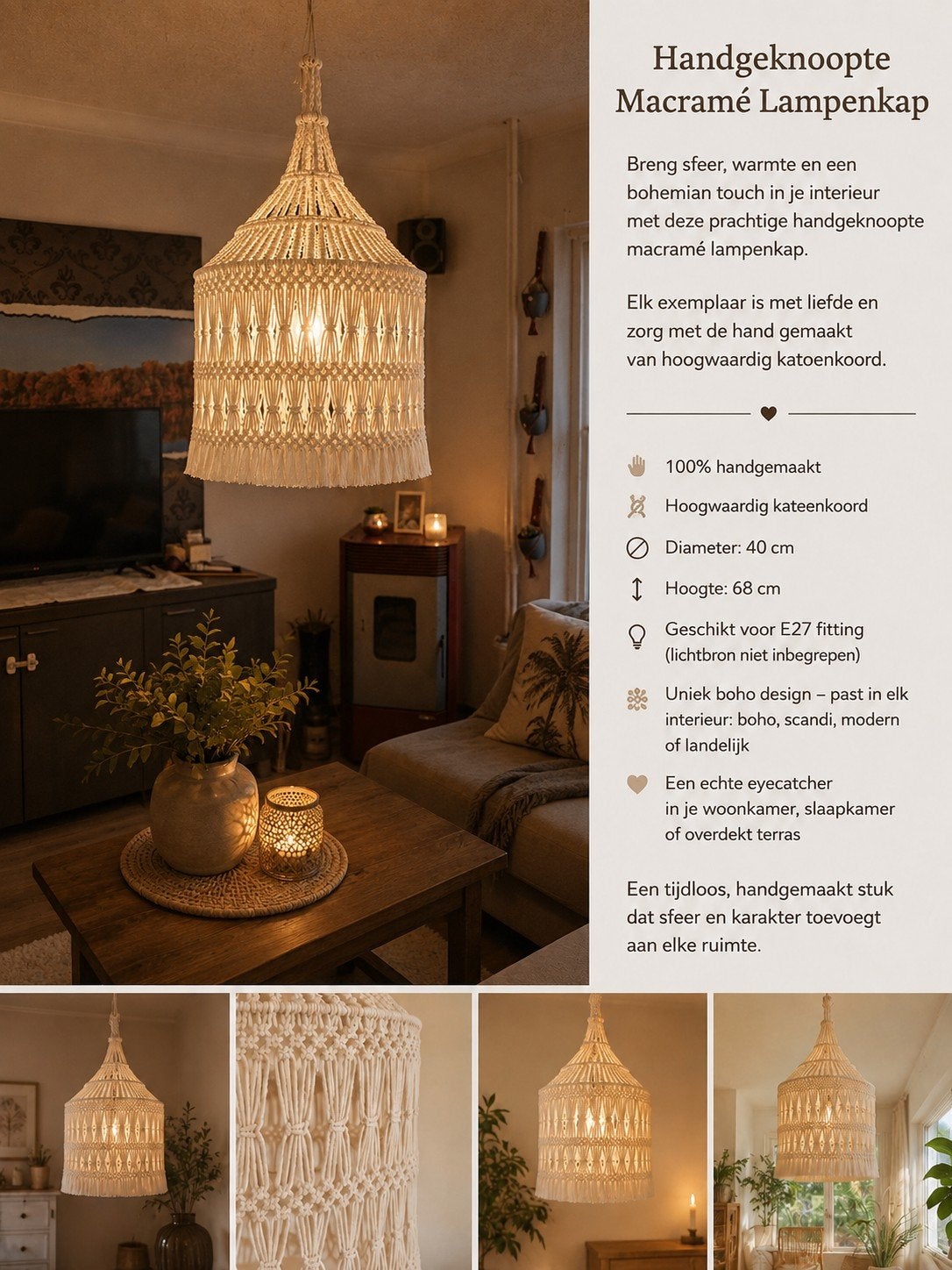 handgeknoopte lampenkap, Huis en Inrichting, Ophalen, Nieuw, Crème, 40 cm