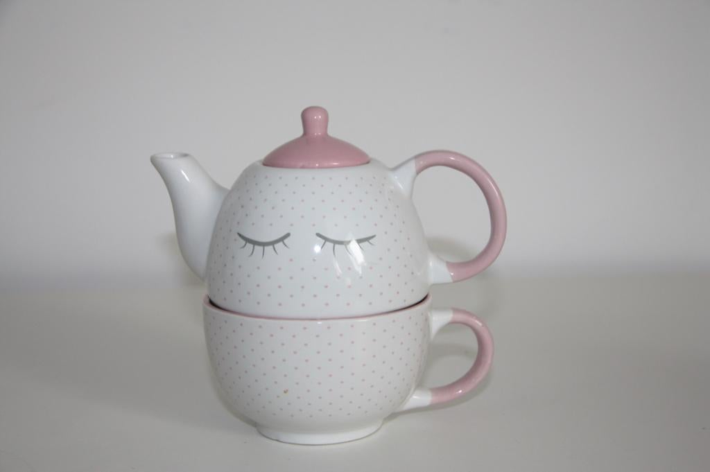 Schattig wit roze stippen thee servies theepot met kopje, Huis en Inrichting, Ophalen of Verzenden, Gebruikt, Keramiek, Compleet servies