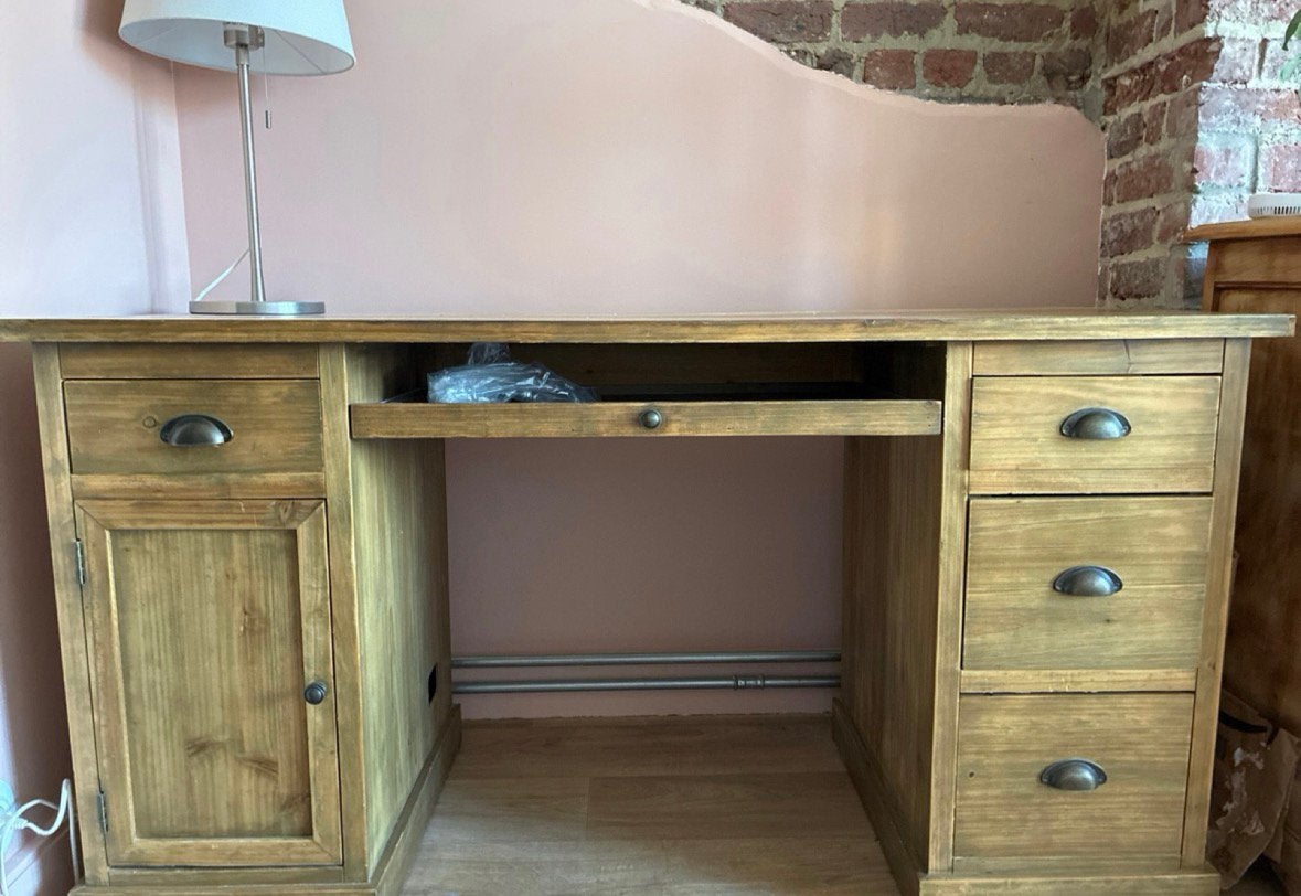 Bureau en bois massif style rustique – nombreux rangements, Maison & Meubles, Enlèvement, Comme neuf, Bois
