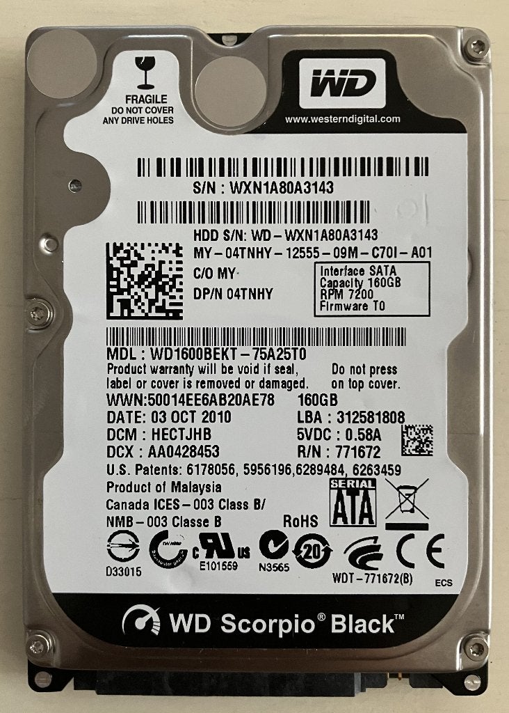 WD Scorpio Black 2.5" 160 GB, Computers en Software, Harde schijven, Ophalen, Intern, Gebruikt, WD (Western Digital)