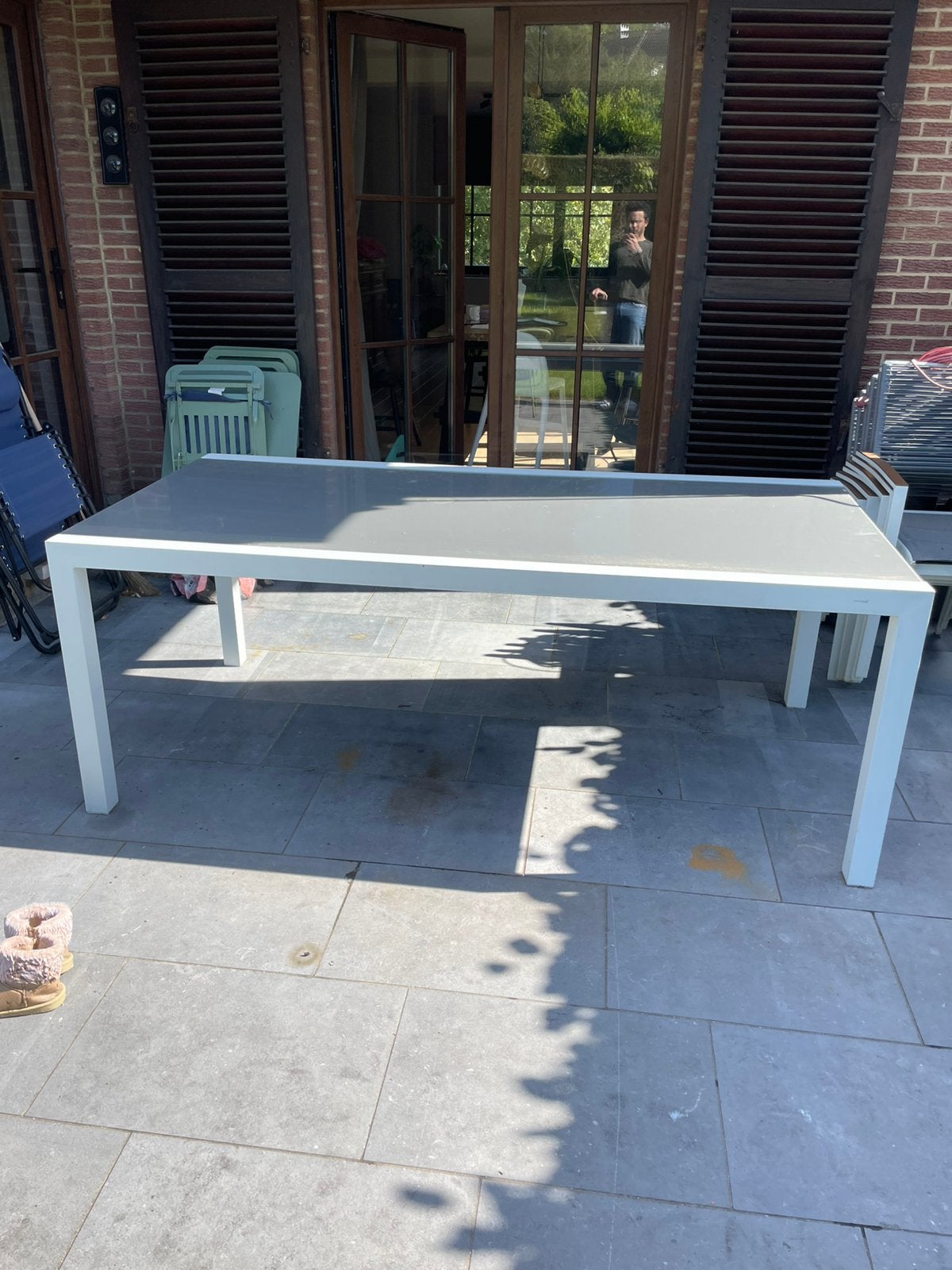 Table de jardin avec plateau en verre + 6 chaises, Enlèvement, Comme neuf, Rectangulaire, Aluminium