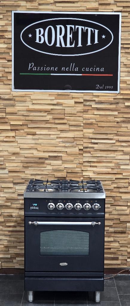 Luxe Boretti Fornuis 60cm antraciet + rvs GASOVEN, Ophalen, 4 kookzones, Zo goed als nieuw, Energieklasse A of zuiniger