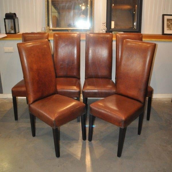 Zes schapenleren eetkamerstoelen van Lounge Atelier, Huis en Inrichting, Ophalen, Gebruikt, Leer, Vijf, Zes of meer stoelen