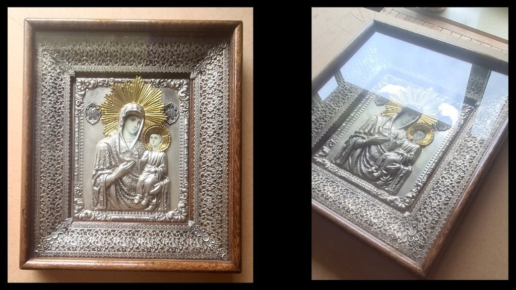 Vintage Orthodoxe Maagd Maria filigrain Zilveren Icoon, Antiek en Kunst, Ophalen