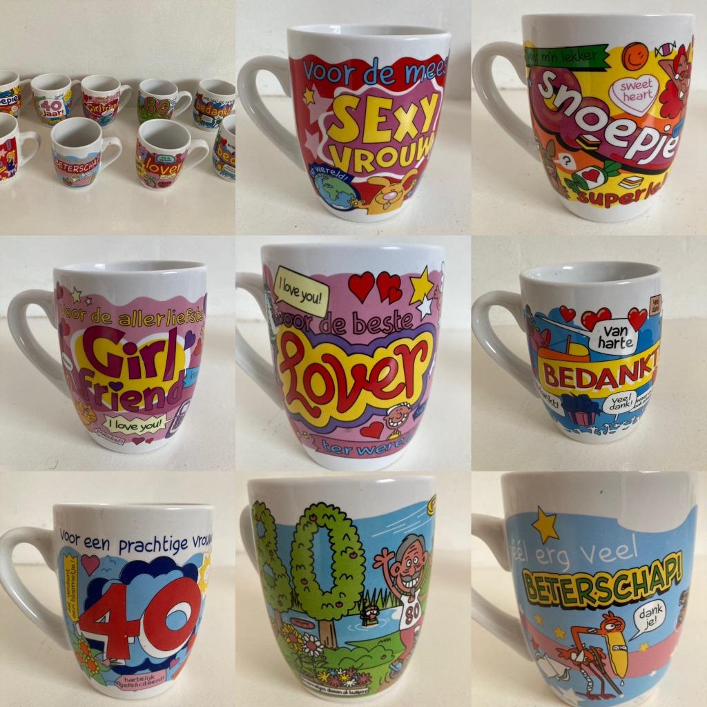Partij feest bekers mokken met tekst & strips jubileum etc., Overige typen, Ophalen of Verzenden, Zo goed als nieuw, Overige stijlen