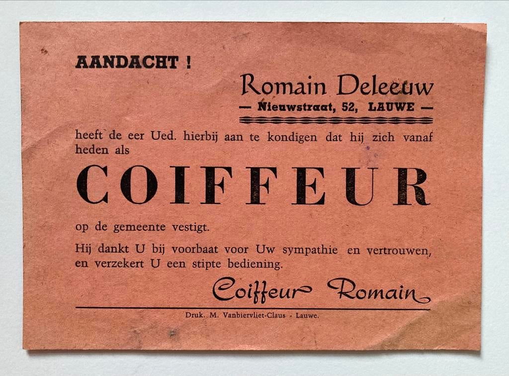 reclame Lauwe coiffeur Romain Deleeuw, Enlèvement ou Envoi
