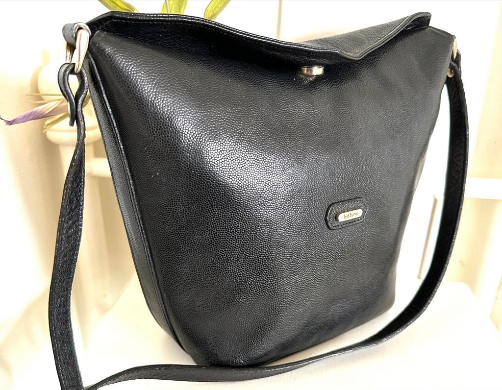 Sac à bandoulière cuir grainé noir Bettina Italy 30x22 cm, Utilisé, Noir, Cuir
