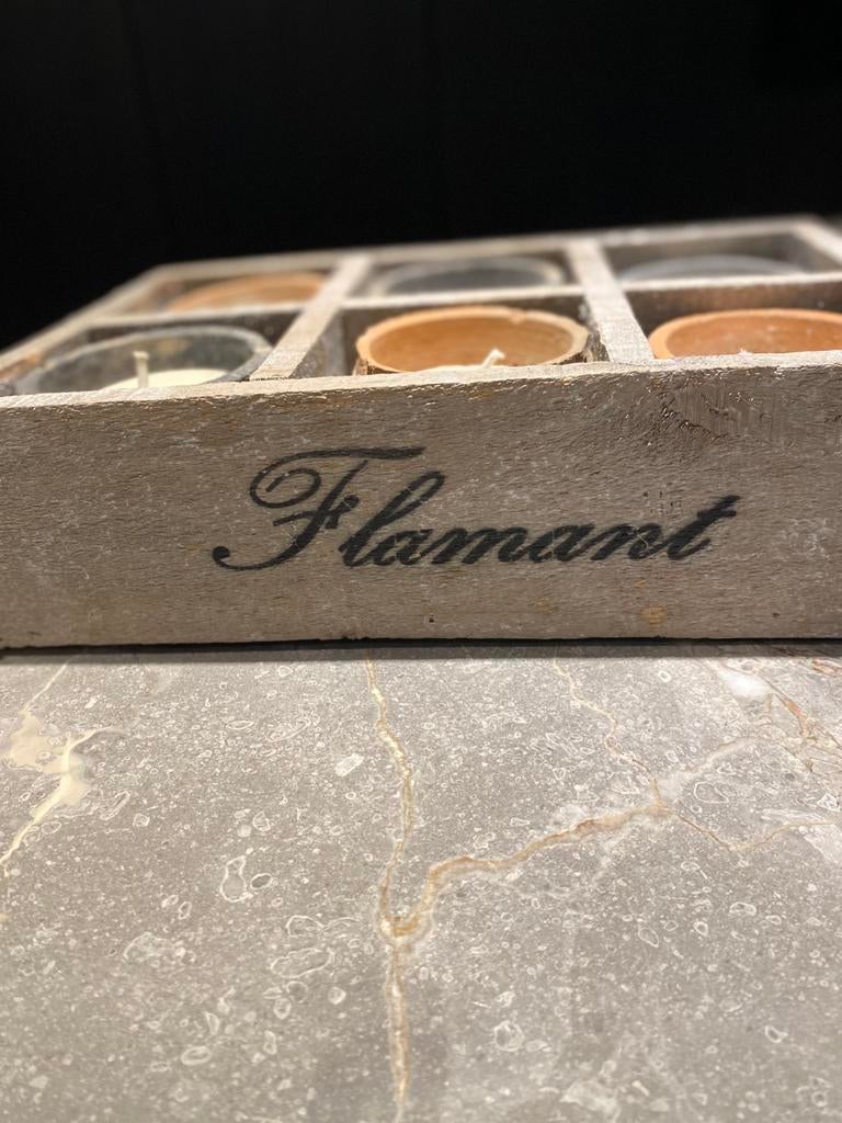 Houten bak Flamant met 6 individuele potjes kaarsen, Minder dan 50 cm, Minder dan 50 cm, Ophalen of Verzenden, Zo goed als nieuw