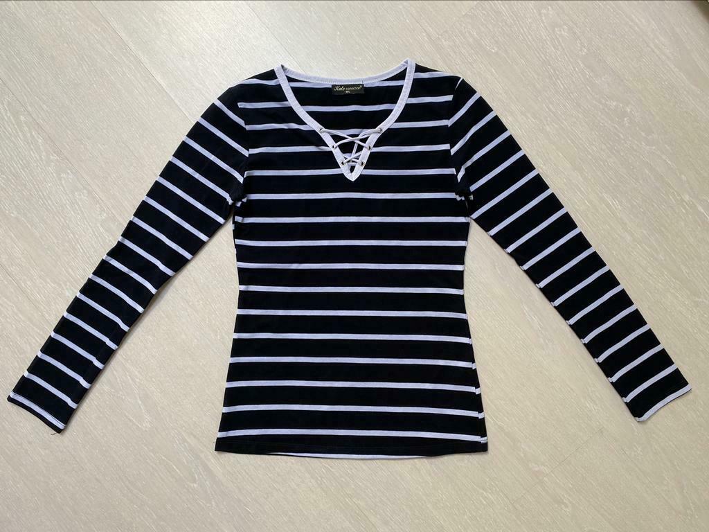 Blouse lignée avec lacet 36/S, Gedragen, Maat 36 (S), Blauw