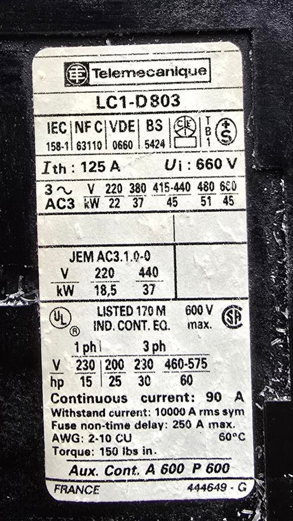 Contacteur Télémécanique 125A 660V "LC1-D803", Envoi