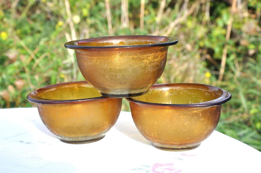 3 bols a soupe en verre ocre, Enlèvement ou Envoi, Utilisé, Verre, Tasse(s) et/ou soucoupe(s)