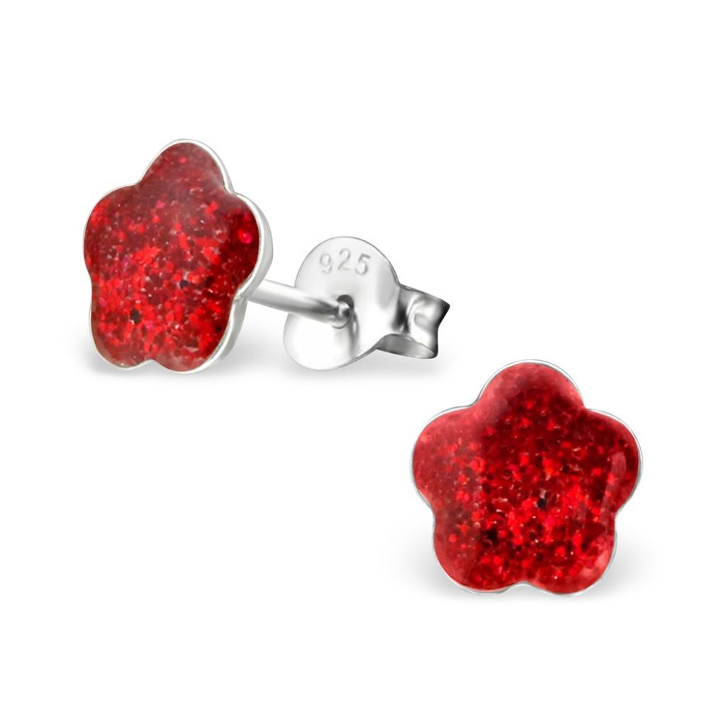 Rode glitter bloem 925 sterling zilveren kinderoorbellen, Ophalen of Verzenden, Nieuw, Oorbellen
