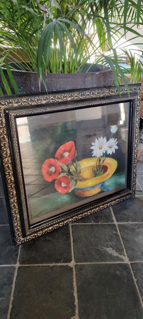 schilderij op hout in kader hoed met bloemen getekend CV, Antiek en Kunst, Kunst | Schilderijen | Modern, Ophalen of Verzenden