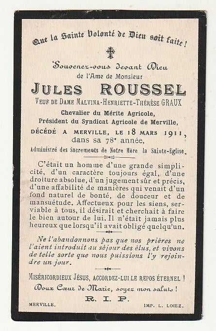 Décès Jules ROUSSEL Graux Merville 1911 France, Verzenden, Bidprentje