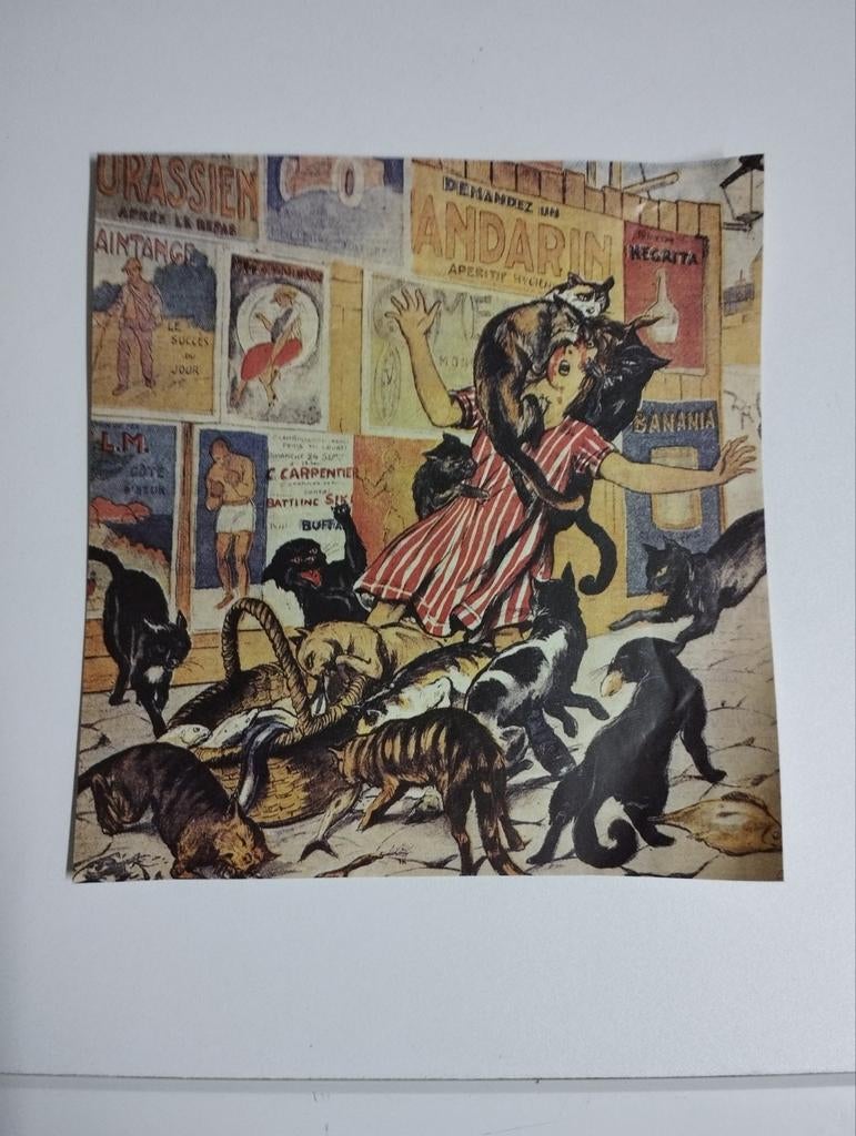 Een print over een man met een massa katten rond en op hem k, Ophalen