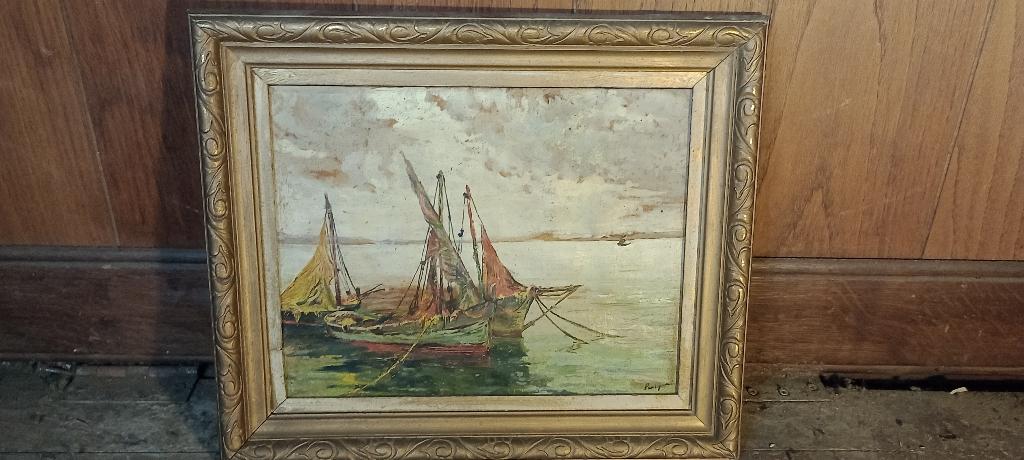 Tableau Huile signée sur panneau Marine Bateaux,38x32,n79, Antiquités & Art, Enlèvement ou Envoi, Peinture à l'huile, Panneau
