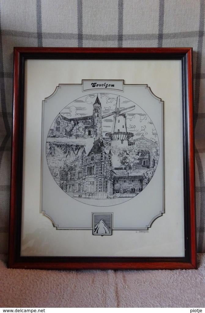 oude gravure van Wevelgem, kader, tekening, G. Swaenepoel, Antiquités & Art, Enlèvement ou Envoi